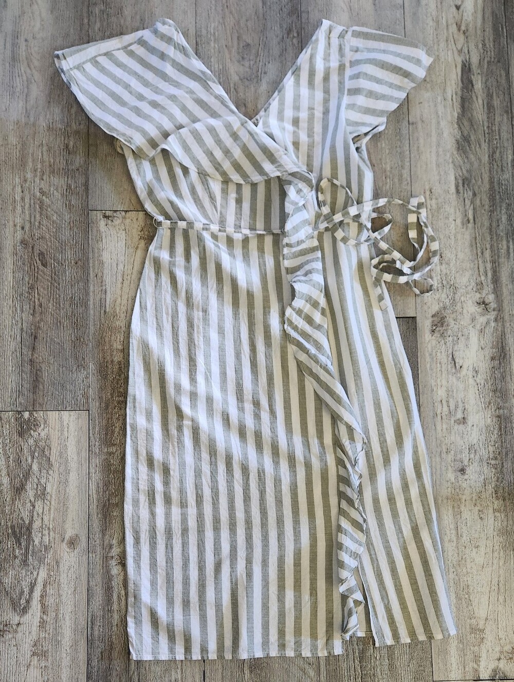 Hope & Harlow Sage Green and White Striped Wrap Midi Dress